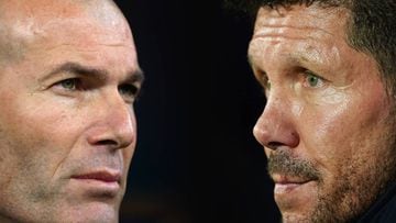 FILE PHOTO (EDITORS NOTE: COMPOSITE OF IMAGES - Image numbers 1199052397,1202717318 - GRADIENT ADDED) In this composite image a comparison has been made between Zinedine Zidane, Manager of Real Madrid (L) and Diego Simeone head coach of Club Atletico de M