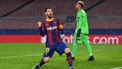 Lionel Messi of FC Barcelona celebrates after scoring against Paris Saint-Germain at Camp Nou on February 16, 2021. 