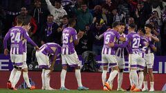 Valladolid's players celebrate after Barcelona's Danish defender Andreas Christensen scored an own goal during the Spanish league football match between Real Valladolid FC and FC Barcelona at the Jose Zorilla stadium in Valladolid on May 23, 2023. (Photo by CESAR MANSO / AFP)