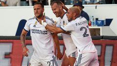 Sep 10, 2023; Carson, California, USA; Los Angeles Galaxy forward Billy Sharp (27) celebrates his goal with midfielder Oriol Rosell (16) and midfielder Diego Fagundez (21) in the second half against the St. Louis CITY SC at Dignity Health Sports Park. Mandatory Credit: Kiyoshi Mio-USA TODAY Sports