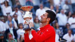 ROME, ITALY - MAY 15: Novak Djokovic of Serbia celebrates with the cup during the award ceremony after the Internazionali BNL D'Italia 2022 match betweeen Novak Djokovic and Stefanos Tsitsipas at Foro Italico on May 15, 2022 in Rome, Italy. (Photo by Matteo Ciambelli/vi/DeFodi Images via Getty Images)