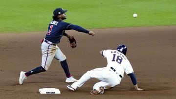 Atlanta Braves&#039; second baseman Ozzie Albies (1) forces out Houston Astros catcher Jason Castro (18) but cannot turn a double play during the 9th inning in game one of the 2021 World Series at Minute Maid Park. 