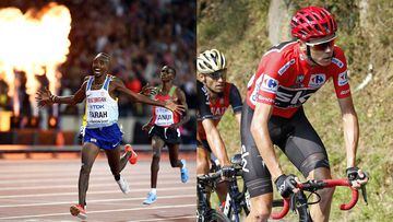 Mo Farah celebra su victoria en los 10.000 metros en los Mundiales de Atletismo de Londres y Chris Froome rueda durante la pasada Vuelta a Espa&ntilde;a.