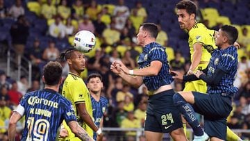 Sep 21, 2022; Nashville, Tennessee, US; Club America forward Federico Vinas (24) Nashville SC forward Ethan Zubak (11) and defender Ahmed Longmire (21) work for the ball on a corner kick during the second half at Geodis Park.
