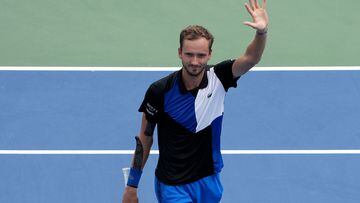 MASON, OHIO - AUGUST 19: Daniil Medvedev of Russia celebrates after defeating Taylor Fritz of the United States in their Men's Singles Quarterfinal match on day seven of the Western & Southern Open at Lindner Family Tennis Center on August 19, 2022 in Mason, Ohio. Medvedev defeated Fritz with a score of 7-6, 6-3.   Dylan Buell/Getty Images/AFP
== FOR NEWSPAPERS, INTERNET, TELCOS & TELEVISION USE ONLY ==