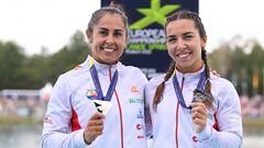 MUNICH, GERMANY - AUGUST 21: Silver Medalists, Maria Corbera and Antia Jacome of Spain celebrate in the Women's Canoe Double 200m Medal Ceremony during the Canoe Sprint competition on day 11 of the European Championships Munich 2022 at Munich Olympic Regatta Centre on August 21, 2022 in Munich, Germany. (Photo by Sebastian Widmann/Getty Images)