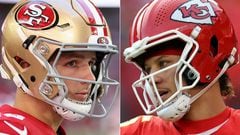 (COMBO) This combination of pictures created on January 28, 2024 shows Quarterback Brock Purdy #13 of the San Francisco 49ers (L) on December 17, 2023 in Glendale, Arizona and Quarterback Patrick Mahomes #15 of the Kansas City Chiefs (R) on December 10, 2023 in Kansas City, Missouri. The San Francisco 49ers produced a stunning second-half fightback to beat the Detroit Lions 34-31 and reach their second Super Bowl in four years on February 28, 2024. The 49ers set up a rematch of the 2020 Super Bowl against Kansas City after recovering from a 24-7 halftime deficit to score 27 points and seal a dramatic NFC Championship victory in Santa Clara. (Photo by Christian Petersen and JAMIE SQUIRE / GETTY IMAGES NORTH AMERICA / AFP)