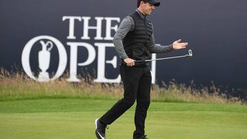 Rory McIlroy of Northern Ireland reacts during previews to the 145th Open Championship at Royal Troon on July 13, 2016 in Troon, Scotland. 
