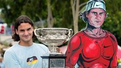 El tenista suizo Roger Federer posa con el trofeo Norman Brooks como campeón del Open de Australia 2004.