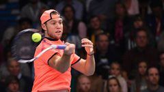 USA&#039;s Jack Sock returns the ball to Argentina&#039;s Juan Martin Del Potro during the final match of ATP Stockholm Open tennis tournament in Stockholm on October 23, 2016. / AFP PHOTO / JONATHAN NACKSTRAND