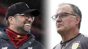 FILE PHOTO (EDITORS NOTE: COMPOSITE OF IMAGES - Image numbers 1211844295, 1174806171 - GRADIENT ADDED) In this composite image a comparison has been made between Jurgen Klopp, Manager of Liverpool (L) and Marcelo Bielsa manager of Leeds United. Liverpool 
