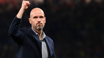 MANCHESTER, ENGLAND - AUGUST 22: Erik ten Hag, Manager of Manchester United celebrates after victory in the Premier League match between Manchester United and Liverpool FC at Old Trafford on August 22, 2022 in Manchester, England. (Photo by Michael Regan/Getty Images)