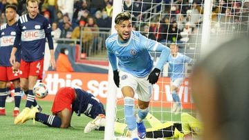 New York City&#039;s Valentin Castellanos celebrates scoring against the New England Revolution during extra time in the conference semifinals. 