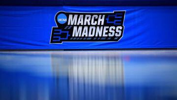 DAYTON, OHIO - MARCH 15: A detailed view of the March Madness logo during a game between the Texas Southern Tigers and the Texas A&amp;M-CC Islanders in the First Four game of the 2022 NCAA Men&#039;s Basketball Tournament at UD Arena on March 15, 2022 in