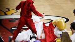 In a bizarre publicity stunt that went badly wrong, the Miami Heat’s mascot was rushed to A&E after being punched to the floor by the UFC champion.