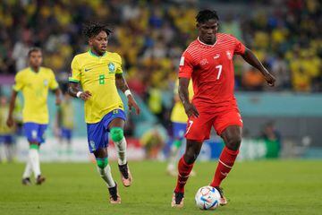 Doha, 28-11-2022, Stadium 974, World Cup 2022 in Qatar game between Brazil vs Switzerland, (L-R) Brazil player Fred, Switzerland player Breel Embolo - Photo by Icon sport during the FIFA World Cup 2022, Group G match between Brazil and Switzerland at Stadium 974 on November 28, 2022 in Doha, Qatar. (Photo by ProShots/Icon Sport via Getty Images)