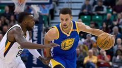 Dec 8, 2016; Salt Lake City, UT, USA; Golden State Warriors guard Stephen Curry (30) controls the ball against Utah Jazz guard Shelvin Mack (8) during the first quarter at Vivint Smart Home Arena. Mandatory Credit: Russ Isabella-USA TODAY Sports