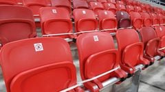 Budapest (Hungary), 23/09/2020.- Seats are marked with stickers during a training session of at the Puskas Arena in Budapest 23 September 2020. Champions League winner Bayern Munich will face Europa League winner Sevilla FC in the UEFA Super Cup match on 