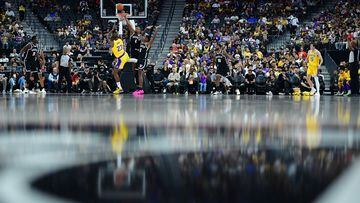 Los Angeles Lakers forward LeBron James (23) shoots against the Brooklyn Nets during the first half at T-Mobile Arena.