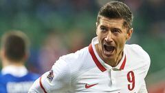 WROCLAW, POLAND - OCTOBER 14: Robert Lewandowski of Poland celebrates after scoring the first goal of his team during the UEFA Nations League group stage match between Poland and Bosnia-Herzegovina at Municipal Stadium on October 14, 2020 in Wroclaw, Pola