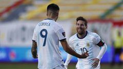 Argentina&#039;s Joaquin Correa, left, celebrates scoring his side&#039;s second goal against Bolivia with teammate Lionel Messi during a qualifying soccer match for the FIFA World Cup Qatar 2022 in La Paz, Bolivia, Tuesday, Oct. 13, 2020. (AP Photo/Juan Karita)