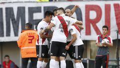 BUENOS AIRES, ARGENTINA - MAY 11: Javier Pinola of River Plate celebrates with teammates after scoring the first goal of his team during a match between River Plate and Estudiantes de La Plata as part of Superliga 2017/18 at Estadio Monumental Antonio Ves
