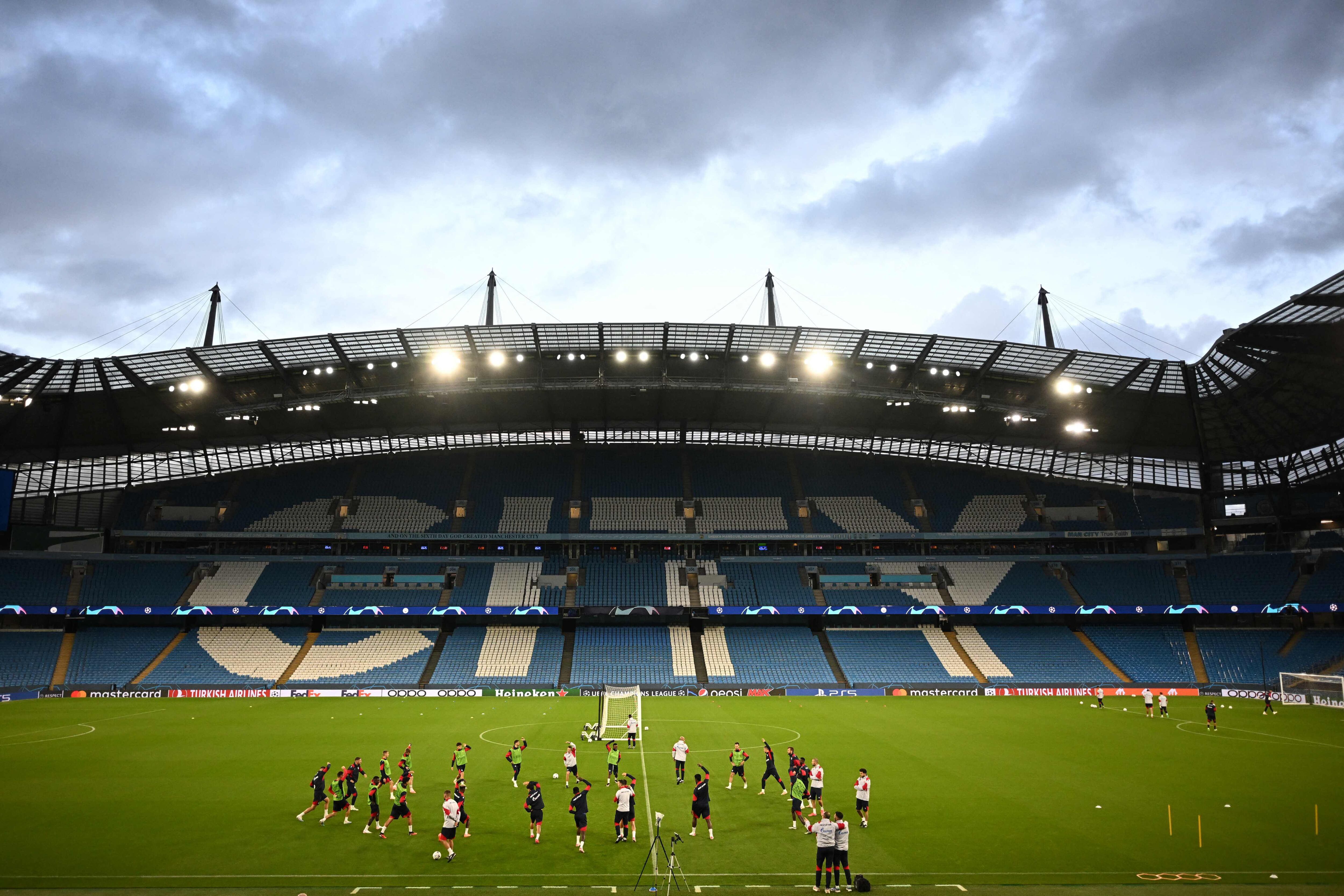 Red Star's players attend a team training session at the Etihad Stadium in Manchester, north west England on September 18, 2023, on the eve of the UEFA Champions League Group G football match between Manchester City and FC Crvena Zvezda (Red Star). (Photo by Paul ELLIS / AFP)
