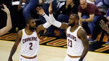 CLEVELAND, OH - JUNE 09: Kyrie Irving #2 and LeBron James #23 of the Cleveland Cavaliers celebrate after a play in the first quarter against the Golden State Warriors in Game 4 of the 2017 NBA Finals at Quicken Loans Arena on June 9, 2017 in Cleveland, Oh