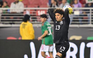 Mexico's goalkeeper Guillermo Ochoa throws the ball during the international friendly football match between Mexico and Colombia at Levi's Stadium in Santa Clara, California, on September 27, 2022. (Photo by Frederic J. BROWN / AFP)