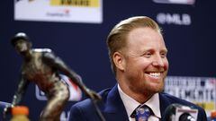 PHILADELPHIA, PENNSYLVANIA - OCTOBER 31: Justin Turner of the Los Angeles Dodgers speaks to the media after being announced as the winner of the 2022 Roberto Clemente Award prior to Game Three of the 2022 World Series at Citizens Bank Park on October 31, 2022 in Philadelphia, Pennsylvania.   Sarah Stier/Getty Images/AFP