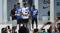 Milwaukee Bucks forward and NBA's MVP Giannis Antetokounmpo  poses with his brothers Thanasis, Kostas, Alex, during an official presentation event of a Nike Shoe, in Athens, Greece June 28, 2019.