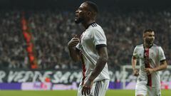 Besiktas&#039; Cyle Larin celebrates after scoring his side&#039;s first goal during Champions League group C soccer match between Besiktas and Sporting Lisbon at the Vodafone Park Stadium in Istanbul, Turkey, Tuesday, Oct. 19, 2021. (AP Photo)