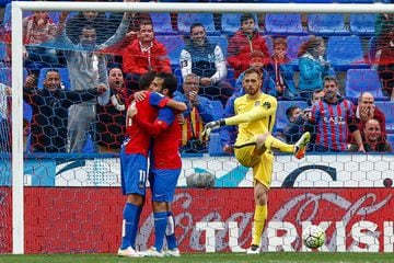Levante's Giuseppe Rossi (centre) celebrates with Jose Luis Morales after scoring the hosts' winner.