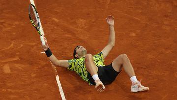 Spain's Carlos Alcaraz celebrates after winning the 2023 ATP Tour Madrid Open tennis tournament singles final match against Germany's Jan-Lennard Struff at Caja Magica in Madrid on May 7, 2023.
