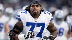 INDIANAPOLIS, IN - DECEMBER 16: Dallas Cowboys tackle Tyron Smith (77) warms up on the field before the NFL game between the Indianapolis Colts and Dallas Cowboys on December 16, 2018, at Lucas Oil Stadium in Indianapolis, IN. (Photo by Zach Bolinger/Icon Sportswire via Getty Images)