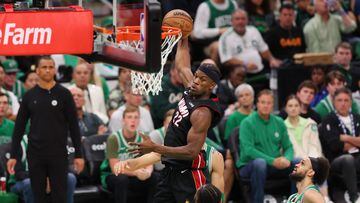 BOSTON, MASSACHUSETTS - MAY 29: Jimmy Butler #22 of the Miami Heat dunks the ball against Jaylen Brown #7 of the Boston Celtics during the fourth quarter in game seven of the Eastern Conference Finals at TD Garden on May 29, 2023 in Boston, Massachusetts. NOTE TO USER: User expressly acknowledges and agrees that, by downloading and or using this photograph, User is consenting to the terms and conditions of the Getty Images License Agreement.   Maddie Meyer/Getty Images/AFP (Photo by Maddie Meyer / GETTY IMAGES NORTH AMERICA / Getty Images via AFP)