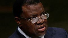 FILE PHOTO: President Hage Geingob of Namibia addresses attendees during the 70th session of the United Nations General Assembly at the U.N. Headquarters in New York, September 29, 2015.   REUTERS/Carlo Allegri/File Photo