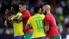 TANGIER, MOROCCO - MARCH 25:  Rodrygo of Brazil argues with Sofyan Amrabat of Morocco during the international friendly match between Morocco and Brazil at Grand Stade de Tanger  on March 25, 2023 in Tangier, Morocco. (Photo by Alex Caparros/Getty Images)