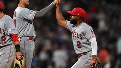 Jun 24, 2023; Denver, Colorado, USA; Los Angeles Angels designated hitter Shohei Ohtani (17) high fives Los Angeles Angels second baseman Luis Rengifo (2) after the win over the Colorado Rockies at Coors Field. Mandatory Credit: John Leyba-USA TODAY Sports