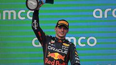 Red Bull Racing's Dutch driver Max Verstappen celebrates on the podium after winning the Formula One United States Grand Prix, at the Circuit of the Americas in Austin, Texas, on October 23, 2022. (Photo by Patrick T. FALLON / AFP) (Photo by PATRICK T. FALLON/AFP via Getty Images)
