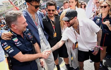 Team chief Christian Horner of Red Bull Racing shakes hands with Neymar at the Monaco Grand Prix.