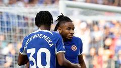 PHILADELPHIA, PENNSYLVANIA - JULY 22: Christopher Nkunku #45 of Chelsea celebrates a goal with Carney Chukwuemeka #30 during the first half of the pre season friendly match against the Brighton & Hove Albion at Lincoln Financial Field on July 22, 2023 in Philadelphia, Pennsylvania.   Adam Hunger/Getty Images/AFP (Photo by Adam Hunger / GETTY IMAGES NORTH AMERICA / Getty Images via AFP)