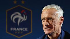 (FILES) In this file photo taken on November 9, 2022 France's head coach Didier Deschamps holds a press conference in Paris, after he announced the list of players selected for the Qatar 2022 FIFA World Cup football tournament. - Didier Deschamps extends stay as France coach until 2026, he announced at the French Football Federation's general assembly in Paris on January 7, 2023. (Photo by FRANCK FIFE / AFP)