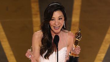 Michelle Yeoh accepts the Oscar for Best Actress for "Everything Everywhere All at Once" during the Oscars show at the 95th Academy Awards in Hollywood, Los Angeles, California, U.S., March 12, 2023. REUTERS/Carlos Barria