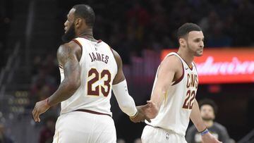 Mar 5, 2018; Cleveland, OH, USA; Cleveland Cavaliers forward LeBron James (23) and forward Larry Nance Jr. (22) celebrate in the third quarter against the Detroit Pistons at Quicken Loans Arena. Mandatory Credit: David Richard-USA TODAY Sports