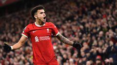 Liverpool (United Kingdom), 21/02/2024.- Liverpool's Luis Diaz celebrates after scoring the 3-1 lead during the English Premier League match between Liverpool FC and Luton Town FC, in Liverpool, Britain, 21 February 2024. (Reino Unido) EFE/EPA/PETER POWELL EDITORIAL USE ONLY. No use with unauthorized audio, video, data, fixture lists, club/league logos, 'live' services or NFTs. Online in-match use limited to 120 images, no video emulation. No use in betting, games or single club/league/player publications.
