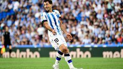 Real Sociedad's Spanish forward Mikel Oyarzabal smiles during the Spanish league football match between Real Sociedad and Sevilla FC at the Reale Arena stadium in San Sebastian on June 4, 2023. (Photo by ANDER GILLENEA / AFP)
