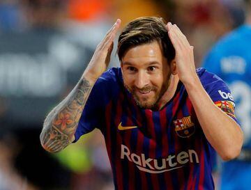 Barcelona's Lionel Messi celebrates scoring their first goal.