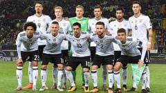 (FILES) In this file photo taken on October 08, 2017 the German national football team, (first row, LtoR) Germany’s midfielder Leroy Sane, Germany’s defender Joshua Kimmich, Germany’s midfielder Lars Stindl, Germany’s defender Shkodran Mustafi and Germany’s midfielder Thomas Mueller, (second row, LtoR) Germany’s midfielder Sandro Wagner, Germany’s midfielder Julian Brandt, Germany's goalkeeper Bernd Leno, Germany’s midfielder Leon Goretzka, Germany’s midfielder Emre Can and Germany’s defender Niklas Suele, pose for the team photo prior the FIFA World Cup 2018 qualification football match between Germany and Azerbaijan in Kaiserslautern, Germany. 
The World Cup 2018 group stage draw for the June 14-July 15 tournament is to take place on December 1, 2017 in Moscow. / AFP PHOTO / Christof STACHE