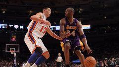 NEW YORK, NY - FEBRUARY 10:  (NEW YORK DAILIES OUT) Jeremy Lin #17 of the New York Knicks in action against Kobe Bryant #24 of the Los Angeles Lakers on February 10, 2012 at Madison Square Garden in New York City. The Knicks defeated the Lakers 92-85. NOTE TO USER: User expressly acknowledges and agrees that, by downloading and/or using this Photograph, user is consenting to the terms and conditions of the Getty Images License Agreement.  (Photo by Jim McIsaac/Getty Images) 